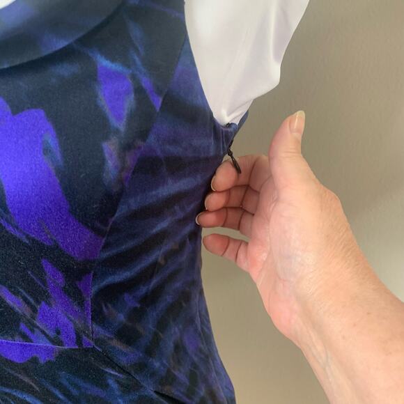 Theory Size 2 Benja Watercolor Sheath Dress Blue Draped Cowl Neck Cocktail - Picture 6 of 10